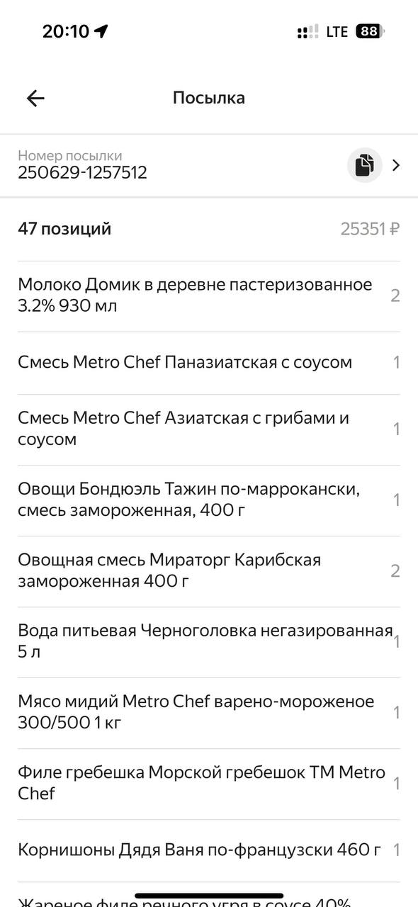 Скриншот заказа на доставку у курьера Москва 29 июня 2025